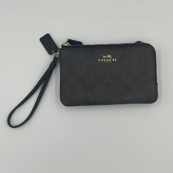COACH Signature Brown Black Wristlet Wallet PVC Double Corner Zip F87591 - Picture 1 of 10